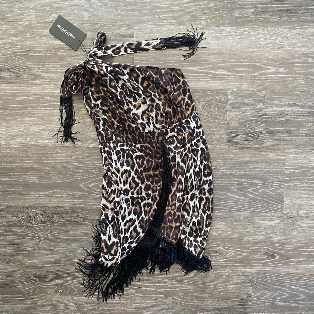 NWT Leopard Asymmetric Fringe Beach Dress